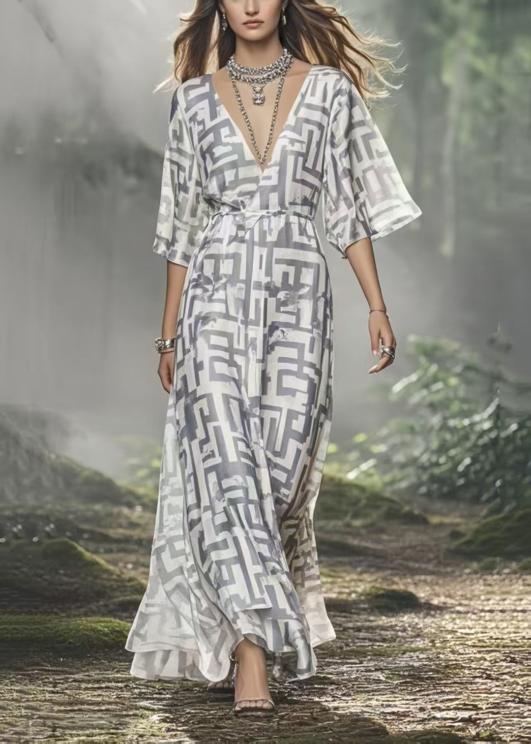 DIY Grey Print Silk Ankle Dress V Neck Summer