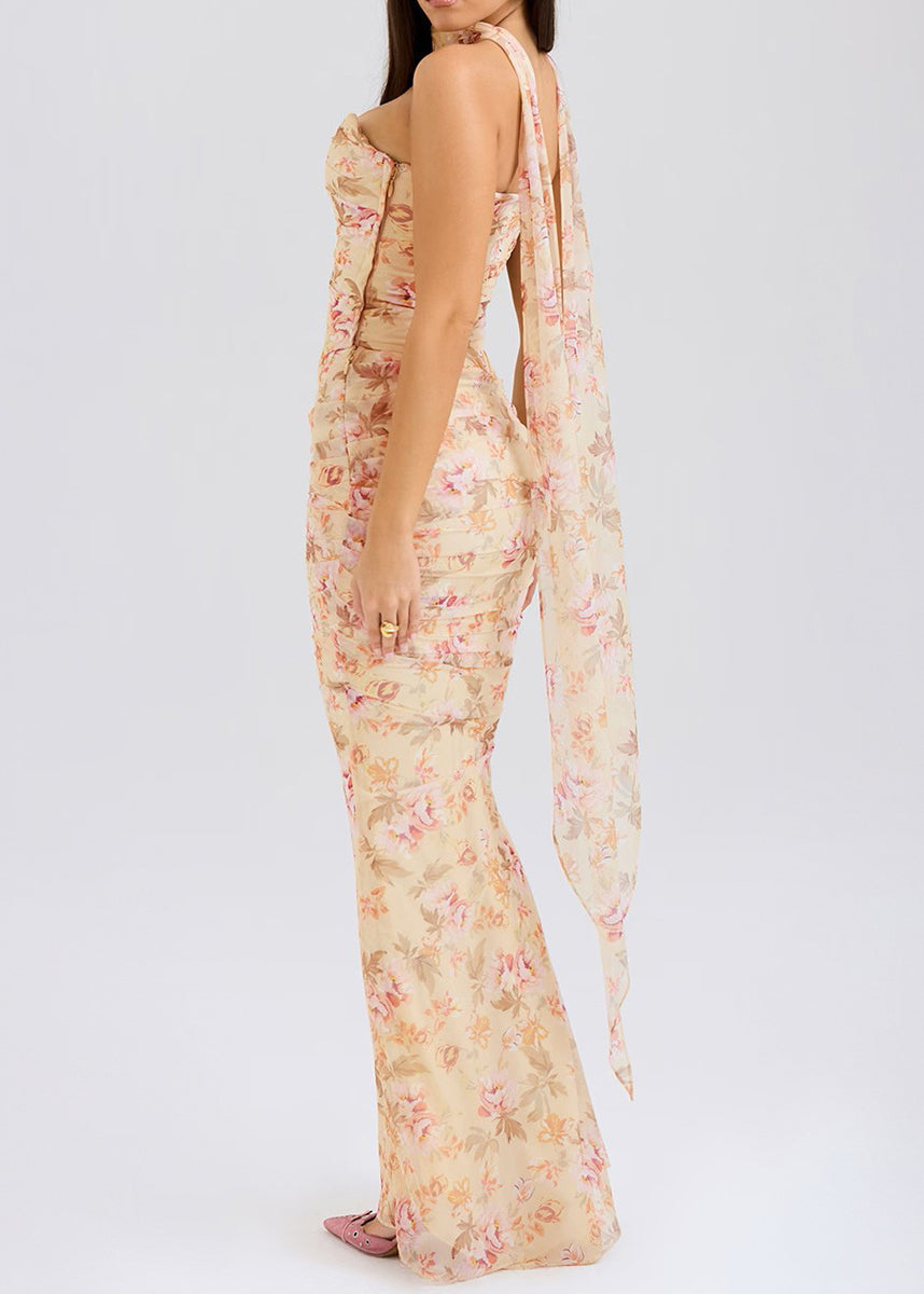 DIY Khaki Cold Shoulder Print Tulle Vacation Wraped Dresses Summer
