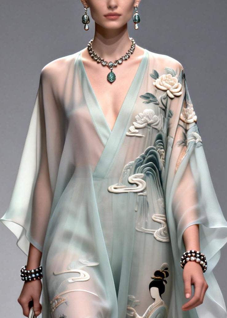 DIY Light Blue Oversized Print Chiffon Dress Summer