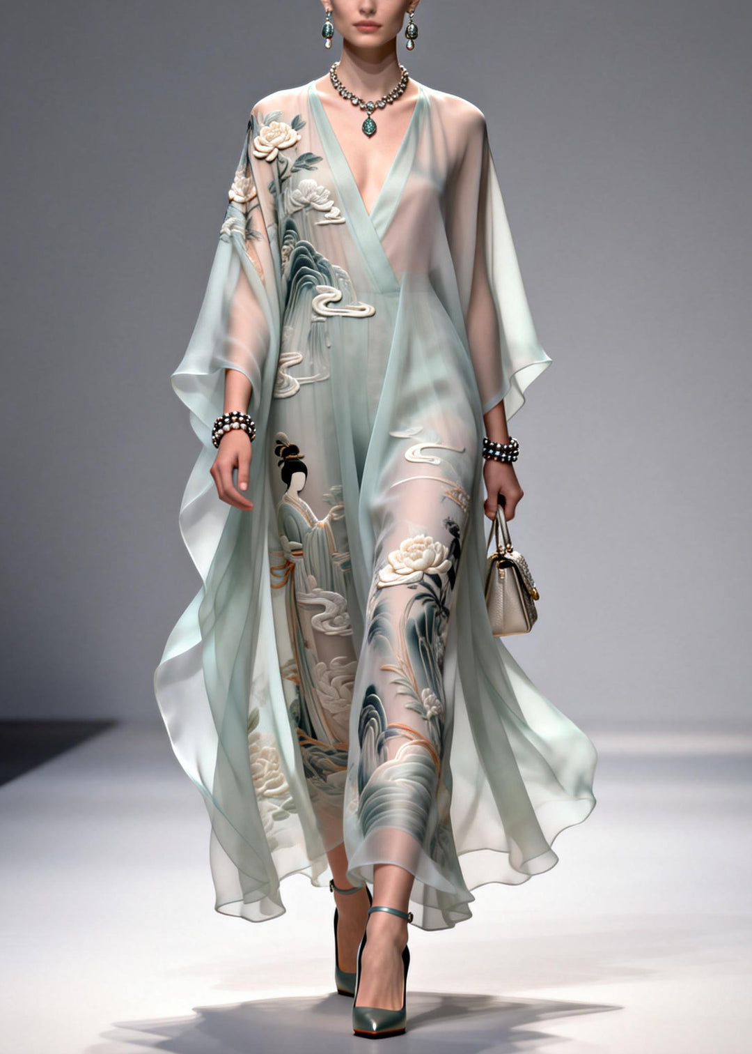 DIY Light Blue Oversized Print Chiffon Dress Summer