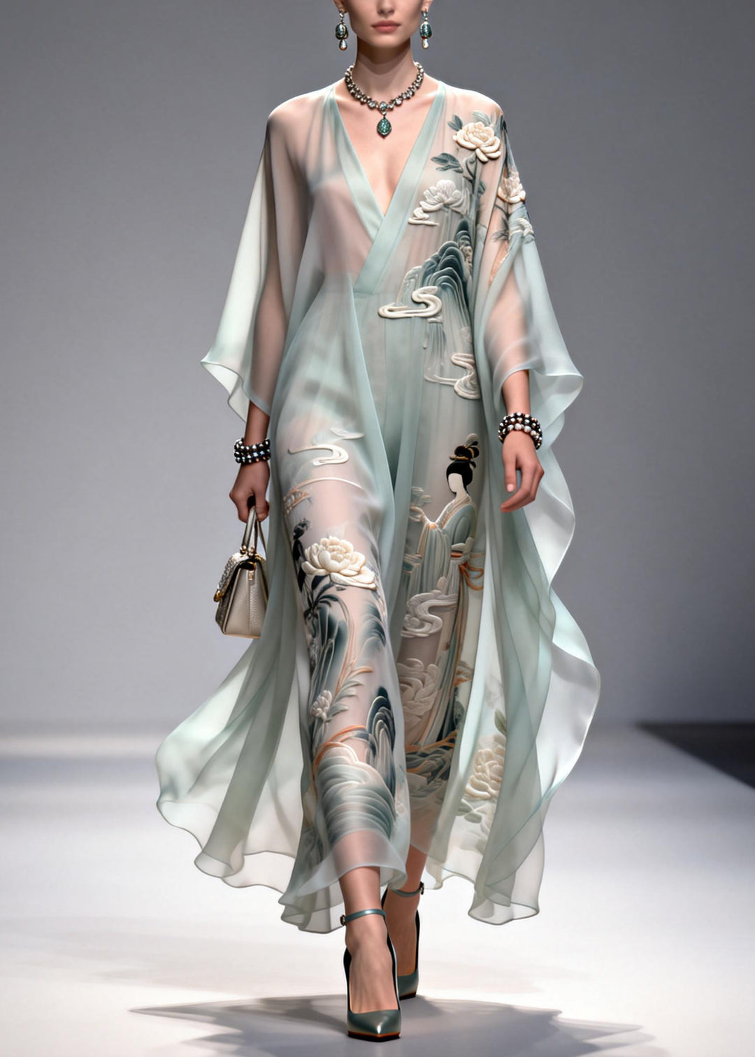 DIY Light Blue Oversized Print Chiffon Dress Summer