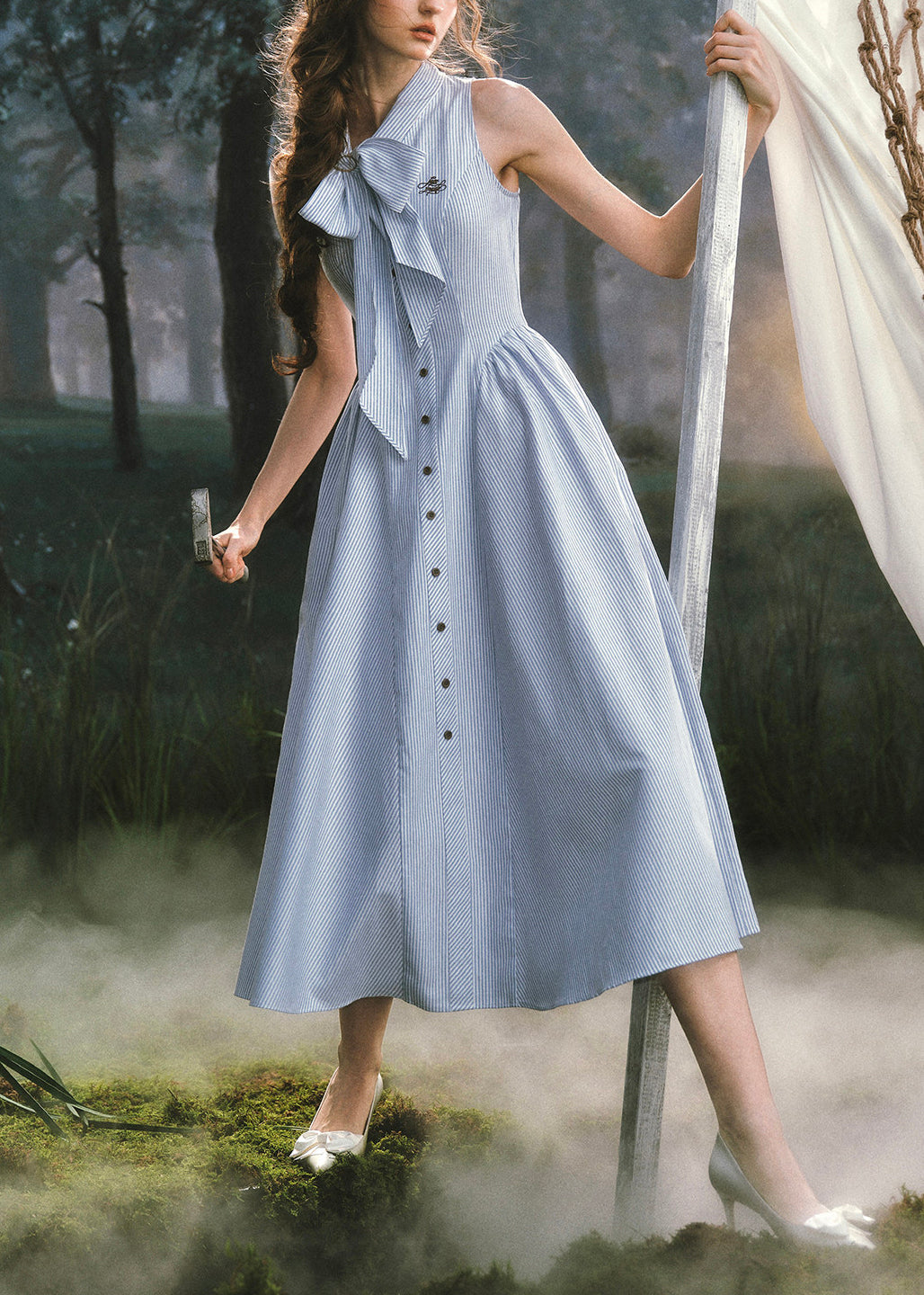 DIY Light Blue Striped Bow Cotton Long Dress Sleeveless