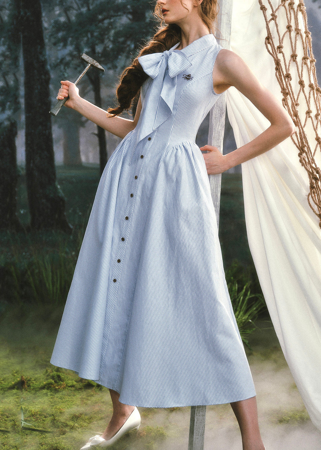 DIY Light Blue Striped Bow Cotton Long Dress Sleeveless