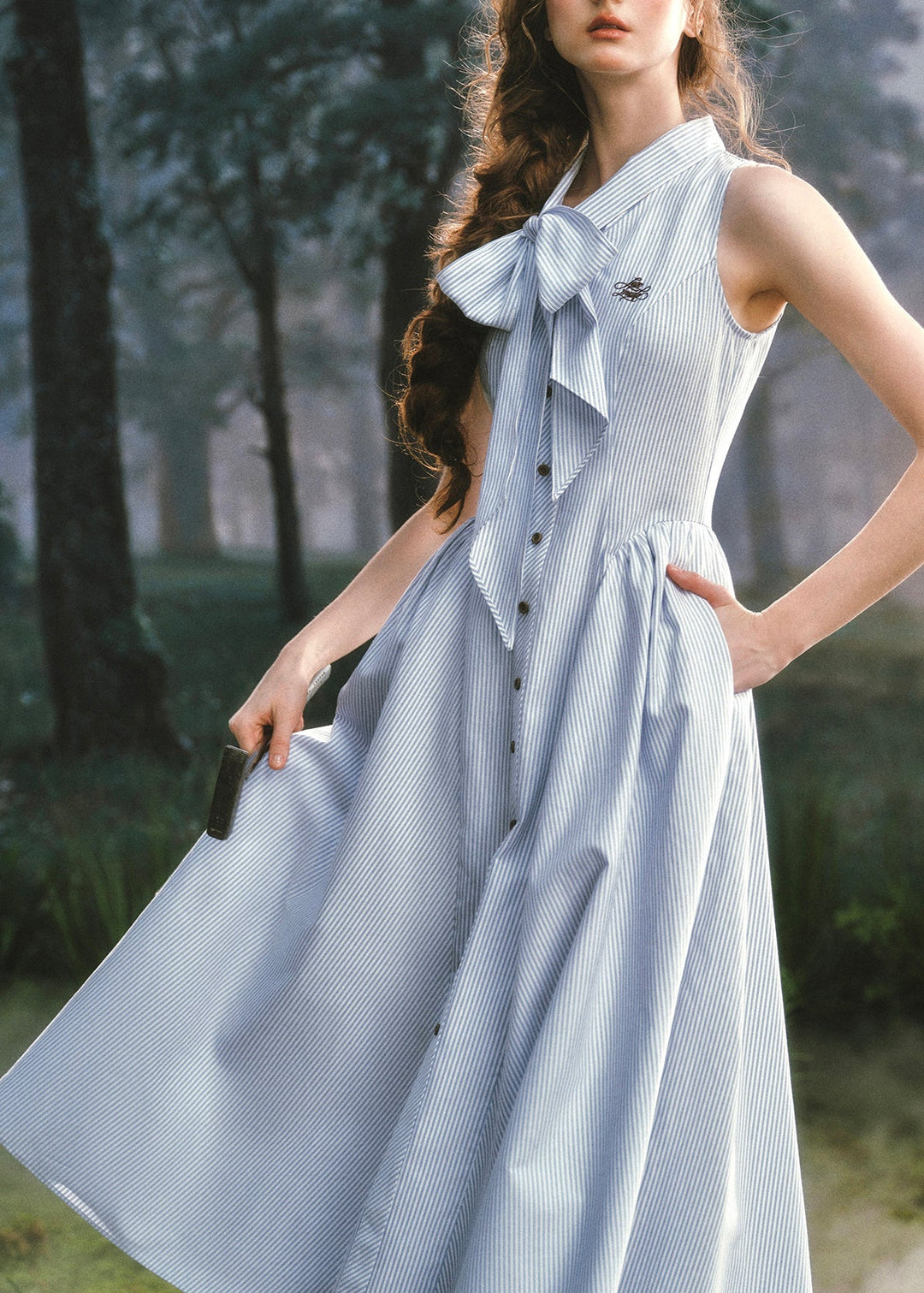 DIY Light Blue Striped Bow Cotton Long Dress Sleeveless