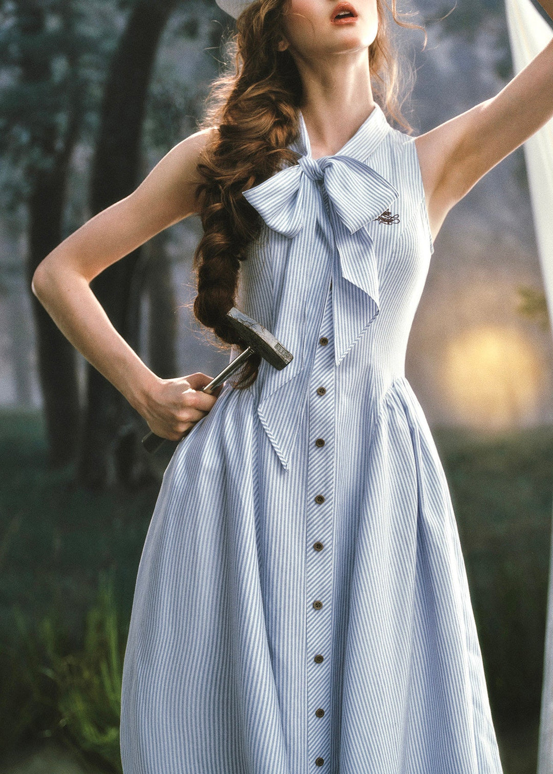 DIY Light Blue Striped Bow Cotton Long Dress Sleeveless