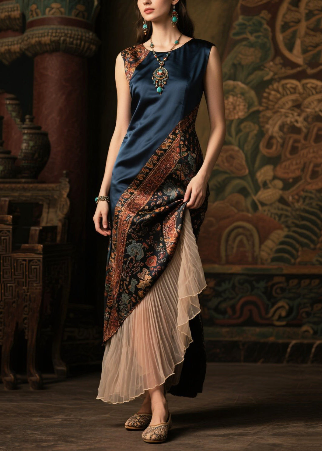 DIY Navy Asymmetrical Patchwork Silk Fake Two Piece Dresses Sleeveless
