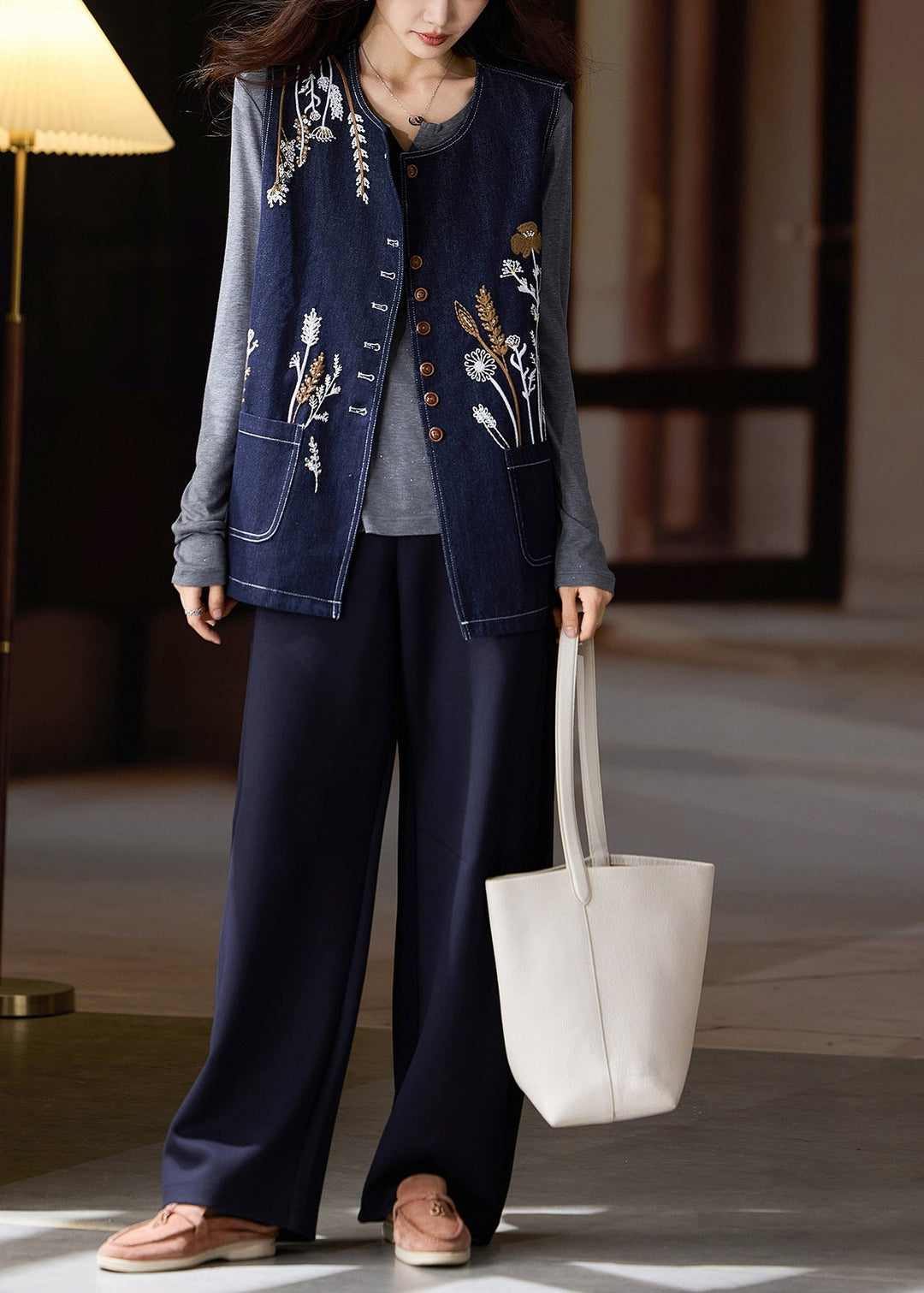 DIY Navy Oversized Embroideried Denim Vests Fall