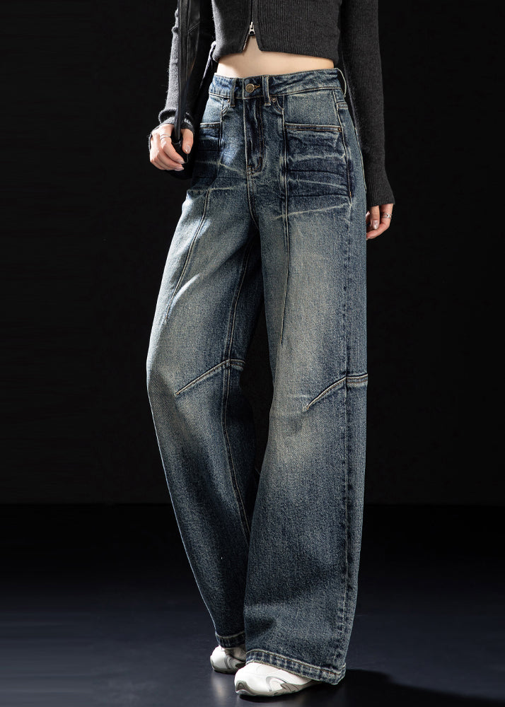 DIY Navy Oversized Patchwork Denim Wide Leg Pants Spring