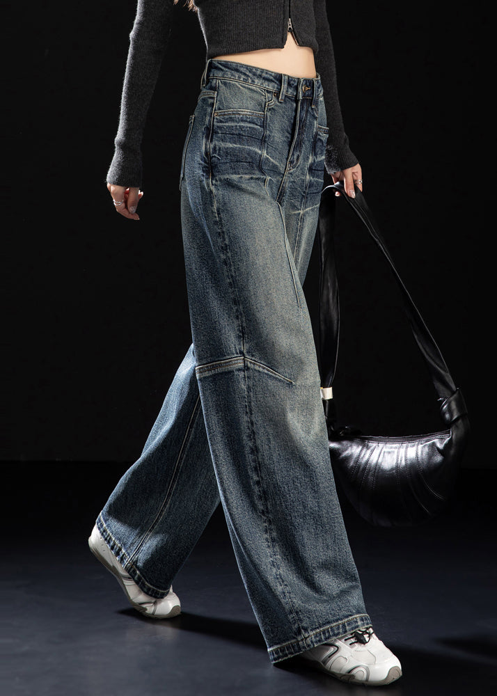 DIY Navy Oversized Patchwork Denim Wide Leg Pants Spring