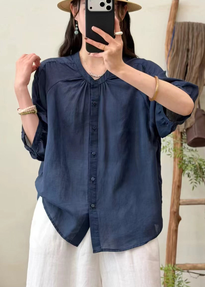DIY Navy Oversized Wrinkled Linen Shirt Top Summer