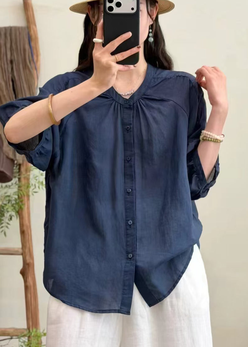 DIY Navy Oversized Wrinkled Linen Shirt Top Summer