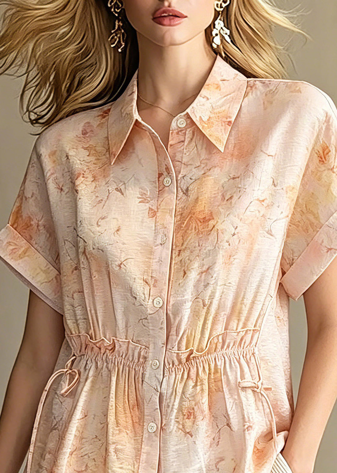 DIY Orange Peter Pan Collar Print Cinched Chiffon Shirts Summer
