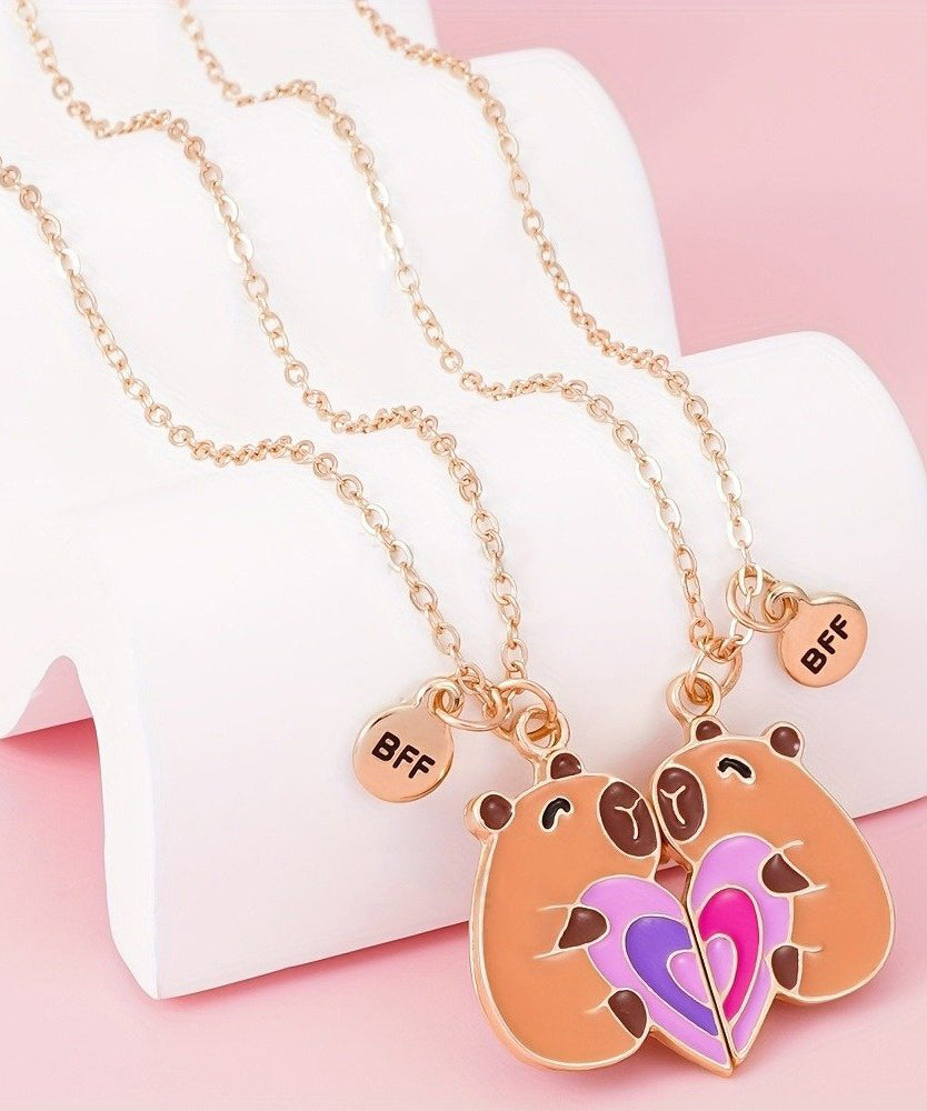 DIY Orange Stainless Steel Alloy Capybara Love Patchwork Best Friend Set Pendant Necklace