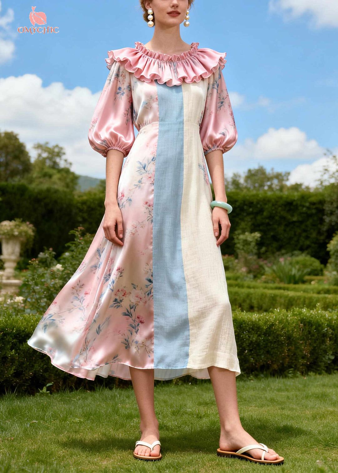 DIY Pink Ruffled Patchwork Linen Silk Vacation Dresses Summer