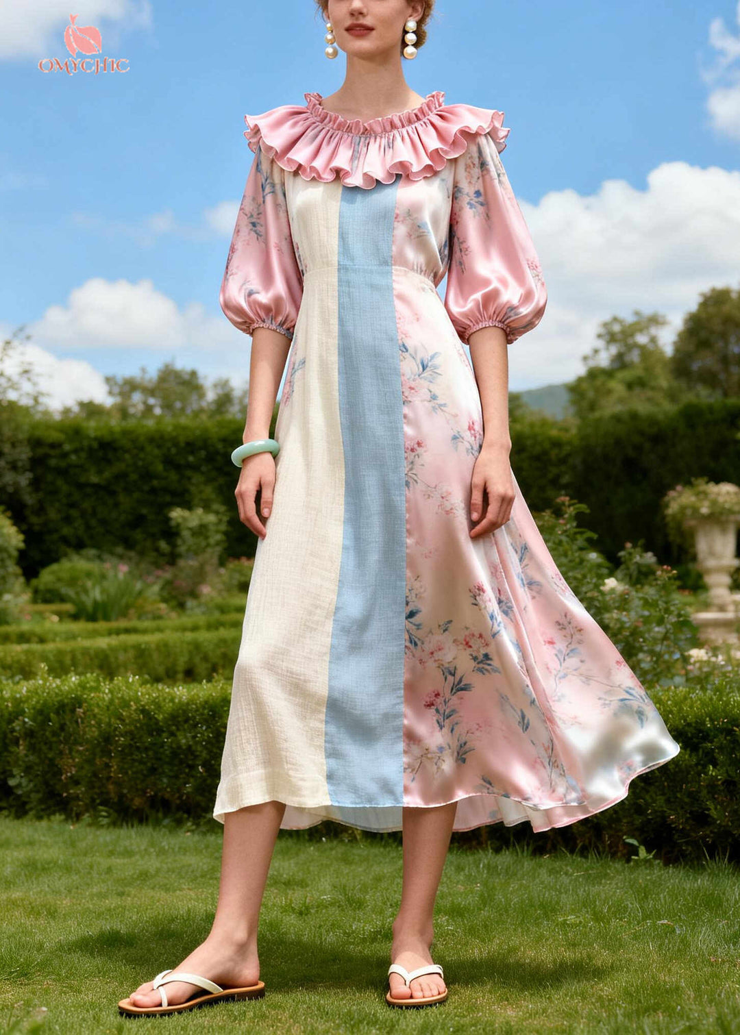 DIY Pink Ruffled Patchwork Linen Silk Vacation Dresses Summer