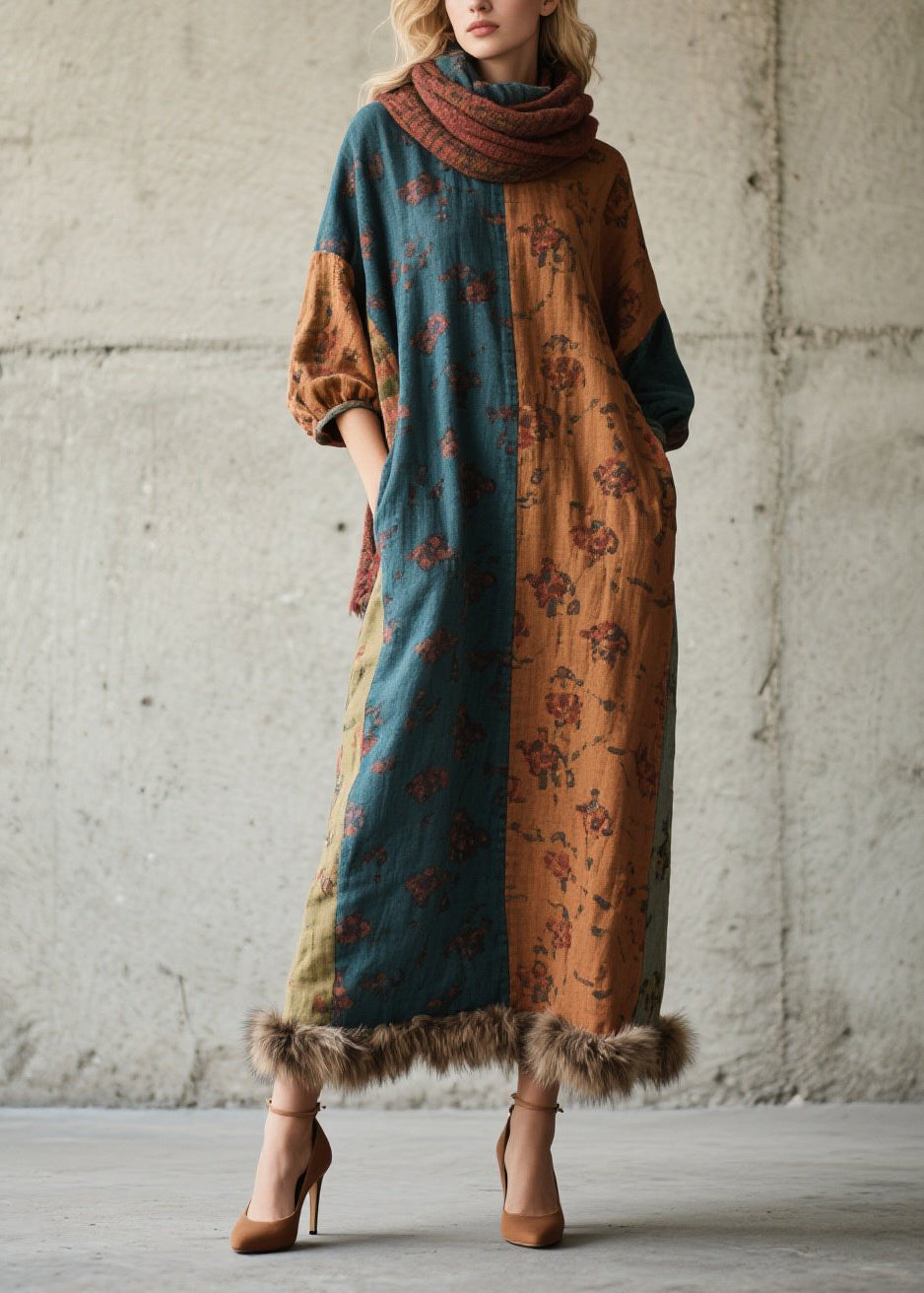 DIY Print Fuzzy Fur Fluffy Patchwork Cotton Long Dress Fall