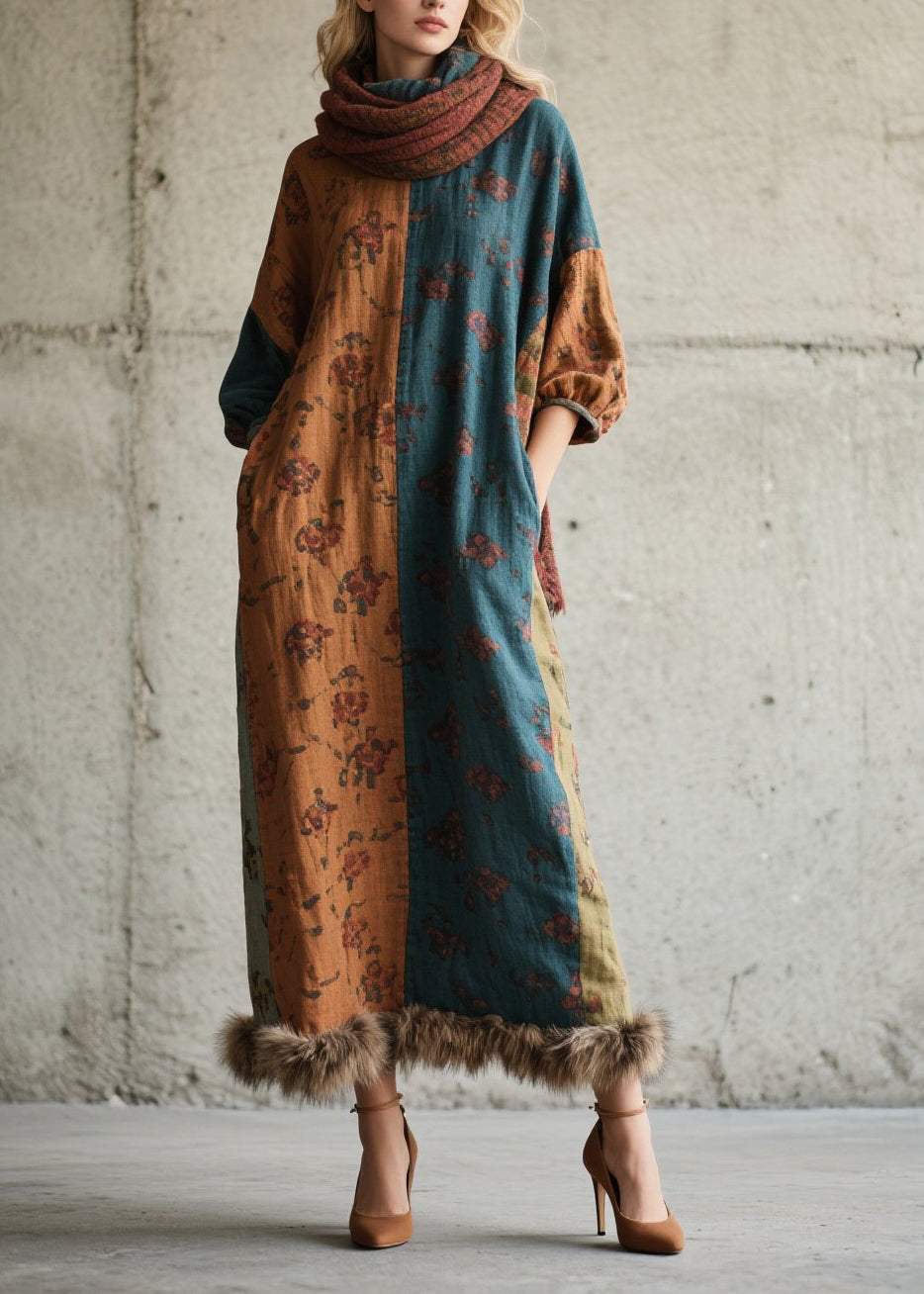 DIY Print Fuzzy Fur Fluffy Patchwork Cotton Long Dress Fall