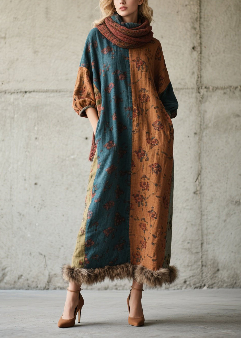 DIY Print Fuzzy Fur Fluffy Patchwork Cotton Long Dress Fall