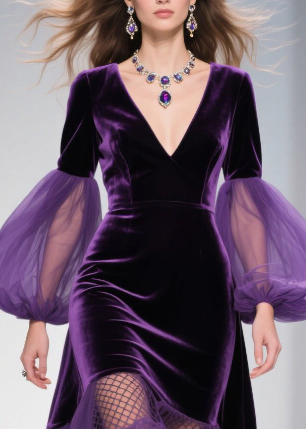 DIY Purple Exra Large Hem Patchwork Tulle Maxi Dresses Lantern Sleeve