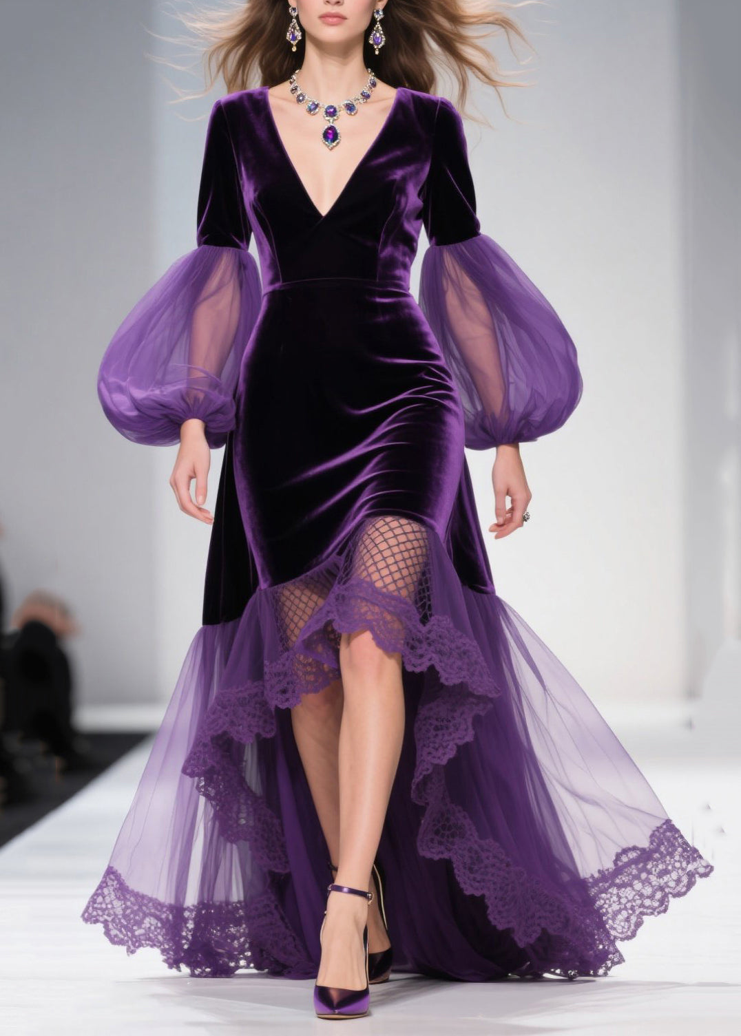 DIY Purple Exra Large Hem Patchwork Tulle Maxi Dresses Lantern Sleeve