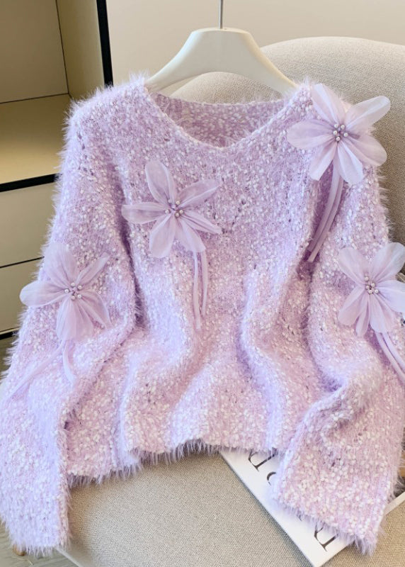 DIY Purple Oversized Floral Faux Mink Hair Knitted Pullover Spring