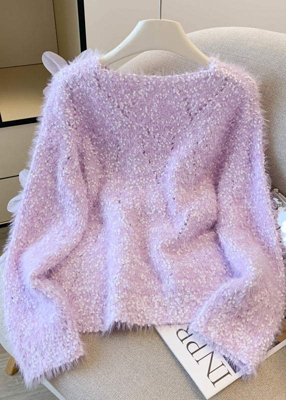 DIY Purple Oversized Floral Faux Mink Hair Knitted Pullover Spring