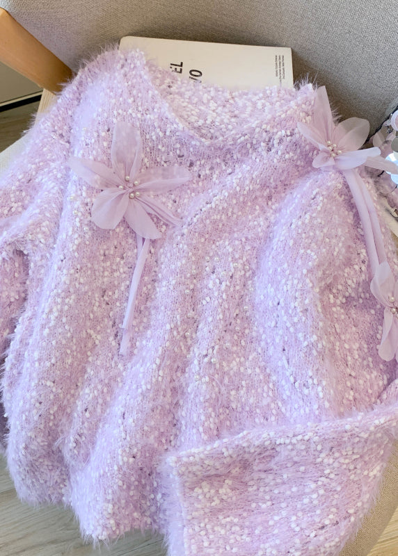 DIY Purple Oversized Floral Faux Mink Hair Knitted Pullover Spring