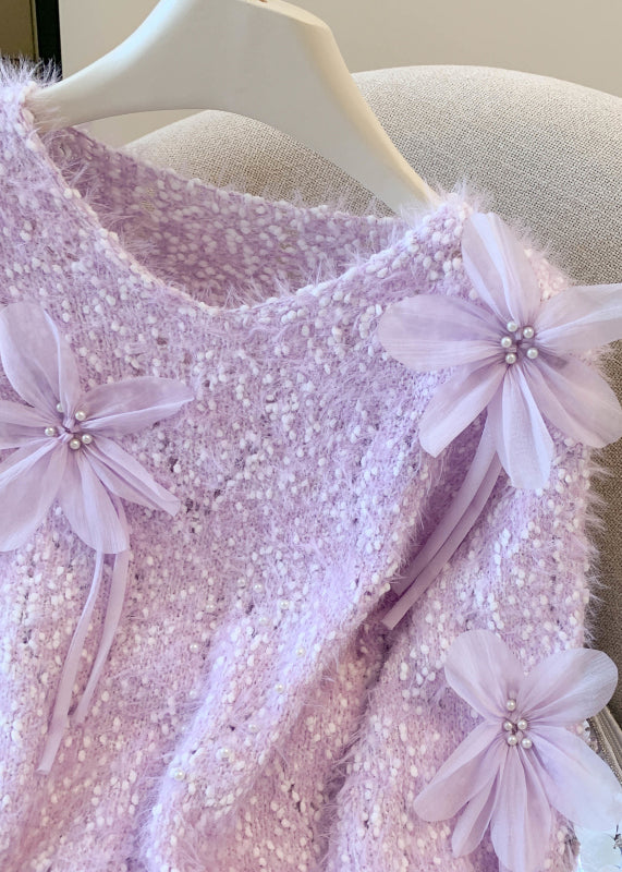 DIY Purple Oversized Floral Faux Mink Hair Knitted Pullover Spring