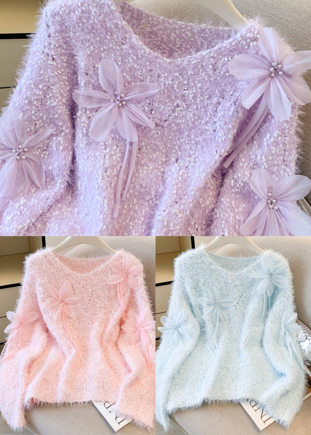 DIY Purple Oversized Floral Faux Mink Hair Knitted Pullover Spring