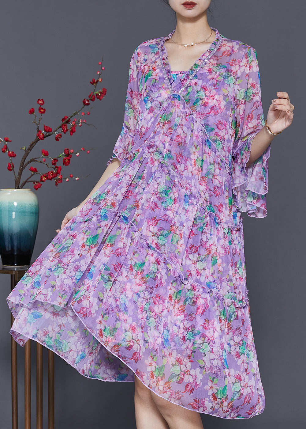 DIY Purple Ruffled Print Exra Large Hem Chiffon Dress Summer