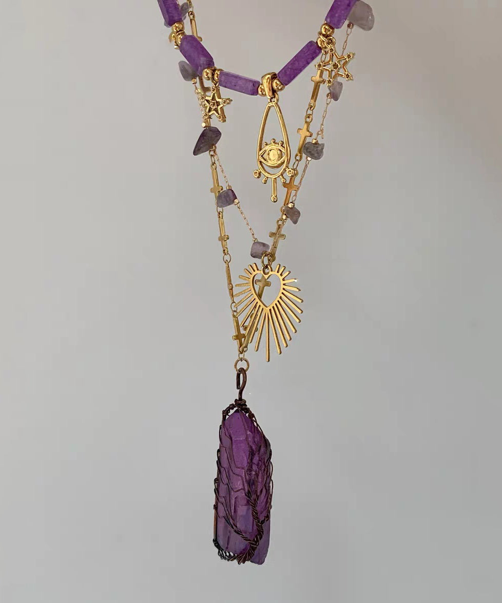 DIY Purple Stainless Steel Alloy Crystal Natural Stone chalcedony Love Pendant Necklace