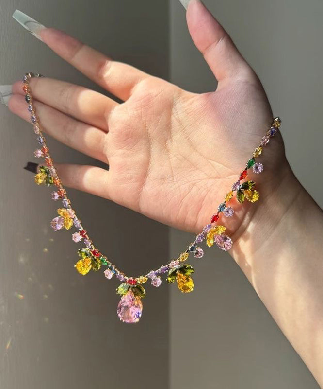 DIY Rainbow Alloy Crystal Floral Leaf Water Droplet Pendant Necklace