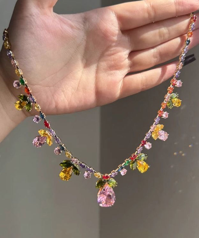 DIY Rainbow Alloy Crystal Floral Leaf Water Droplet Pendant Necklace