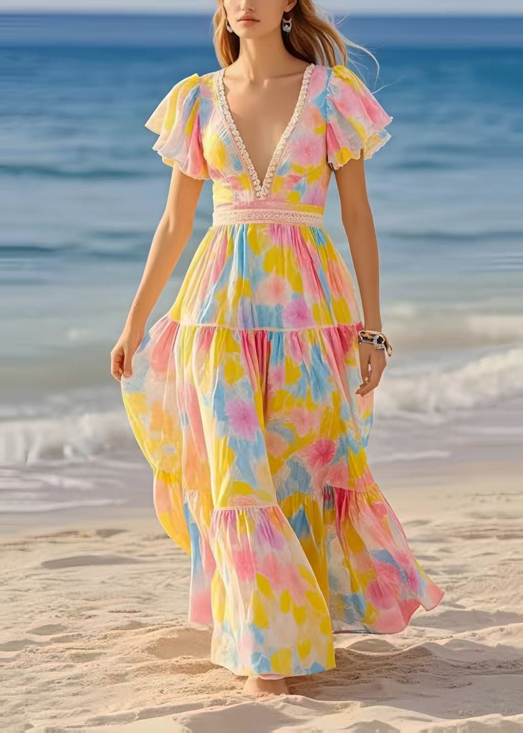 DIY Rainbow Puff Sleeve Print Chiffon Beach Dress Summer