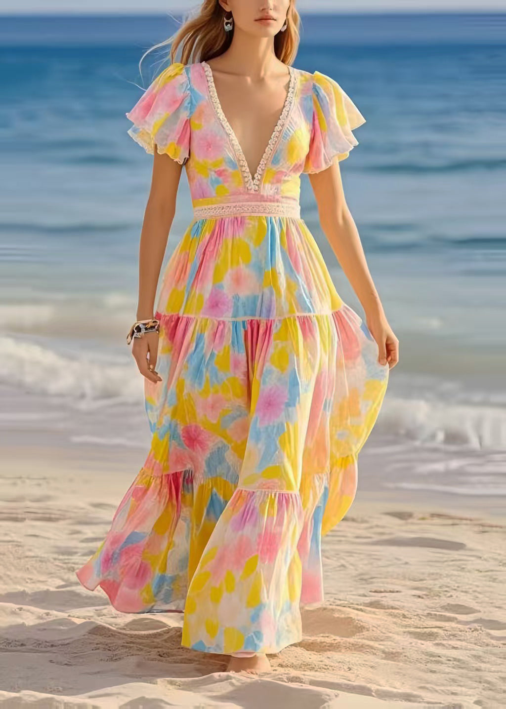 DIY Rainbow Puff Sleeve Print Chiffon Beach Dress Summer