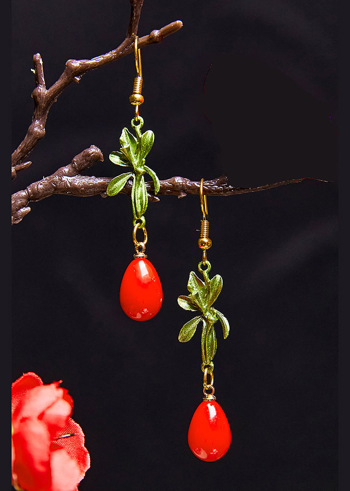 DIY Red Droplet Shape Coral Drop Earrings - Omychic
