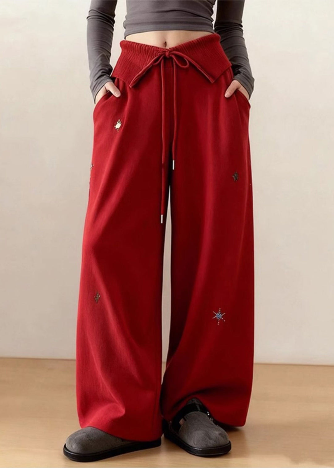 DIY Red Embroidered Tie Waist Cotton Straight Pants Spring