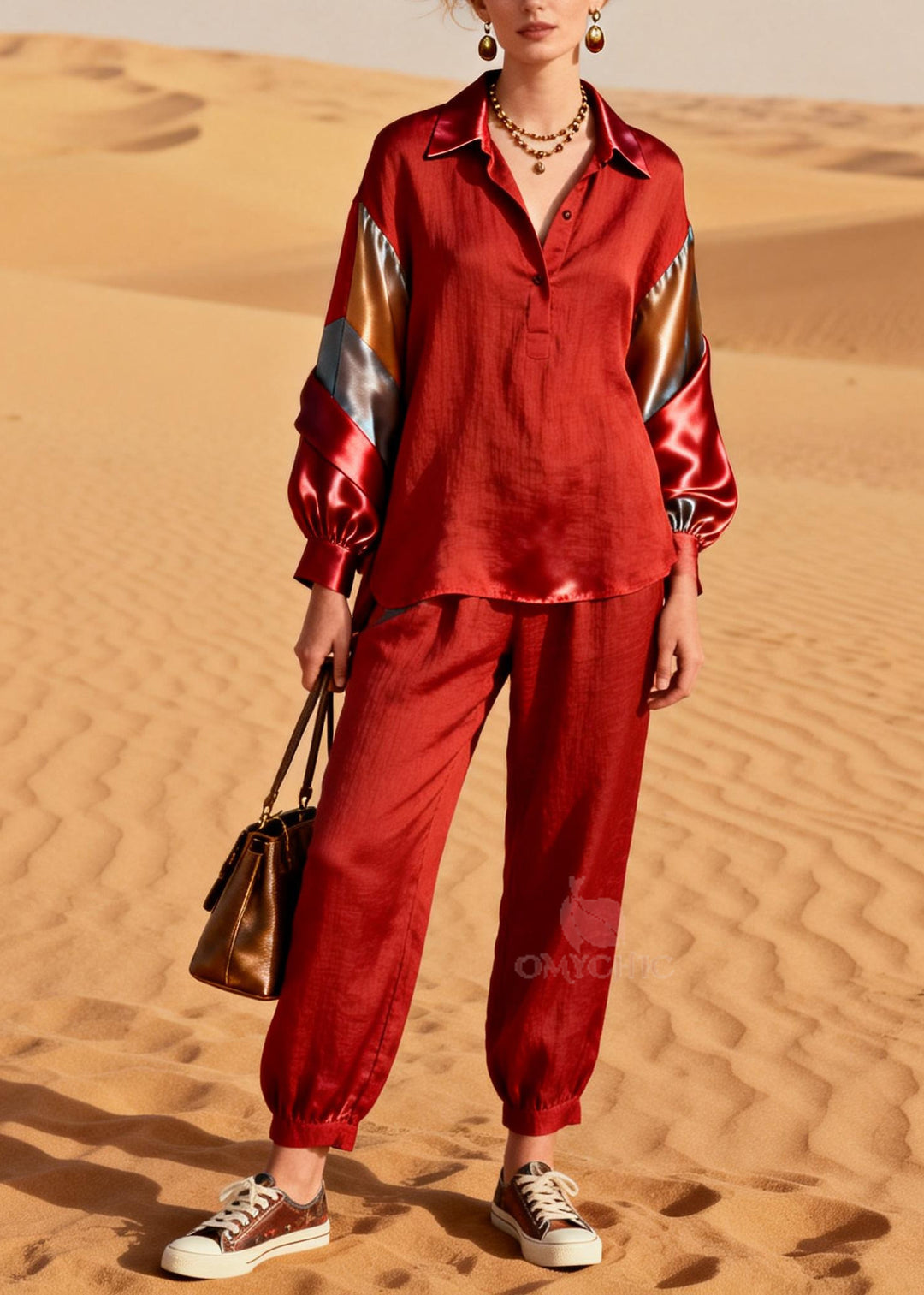 DIY Red Peter Pan Collar Patchwork Silk Linen Two Pieces Set Spring