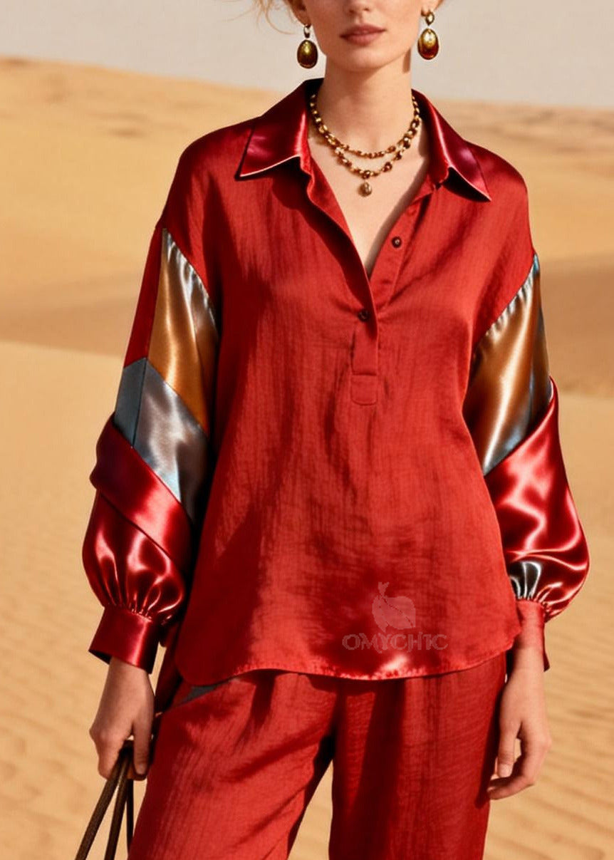 DIY Red Peter Pan Collar Patchwork Silk Linen Two Pieces Set Spring