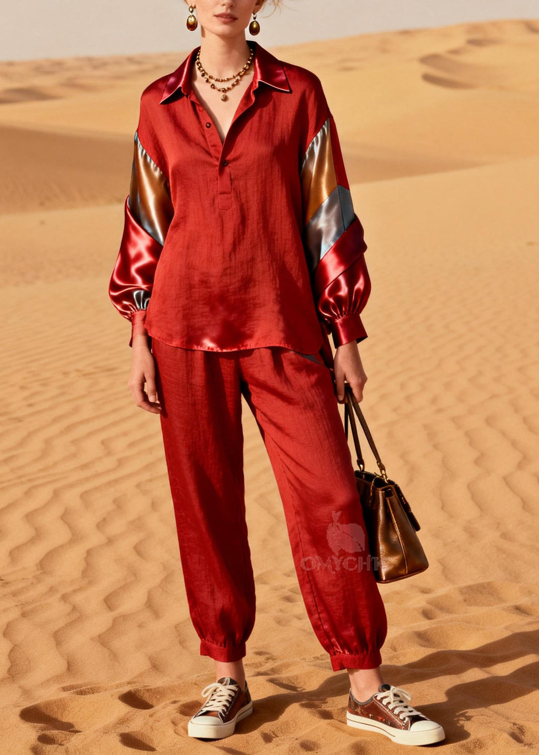 DIY Red Peter Pan Collar Patchwork Silk Linen Two Pieces Set Spring