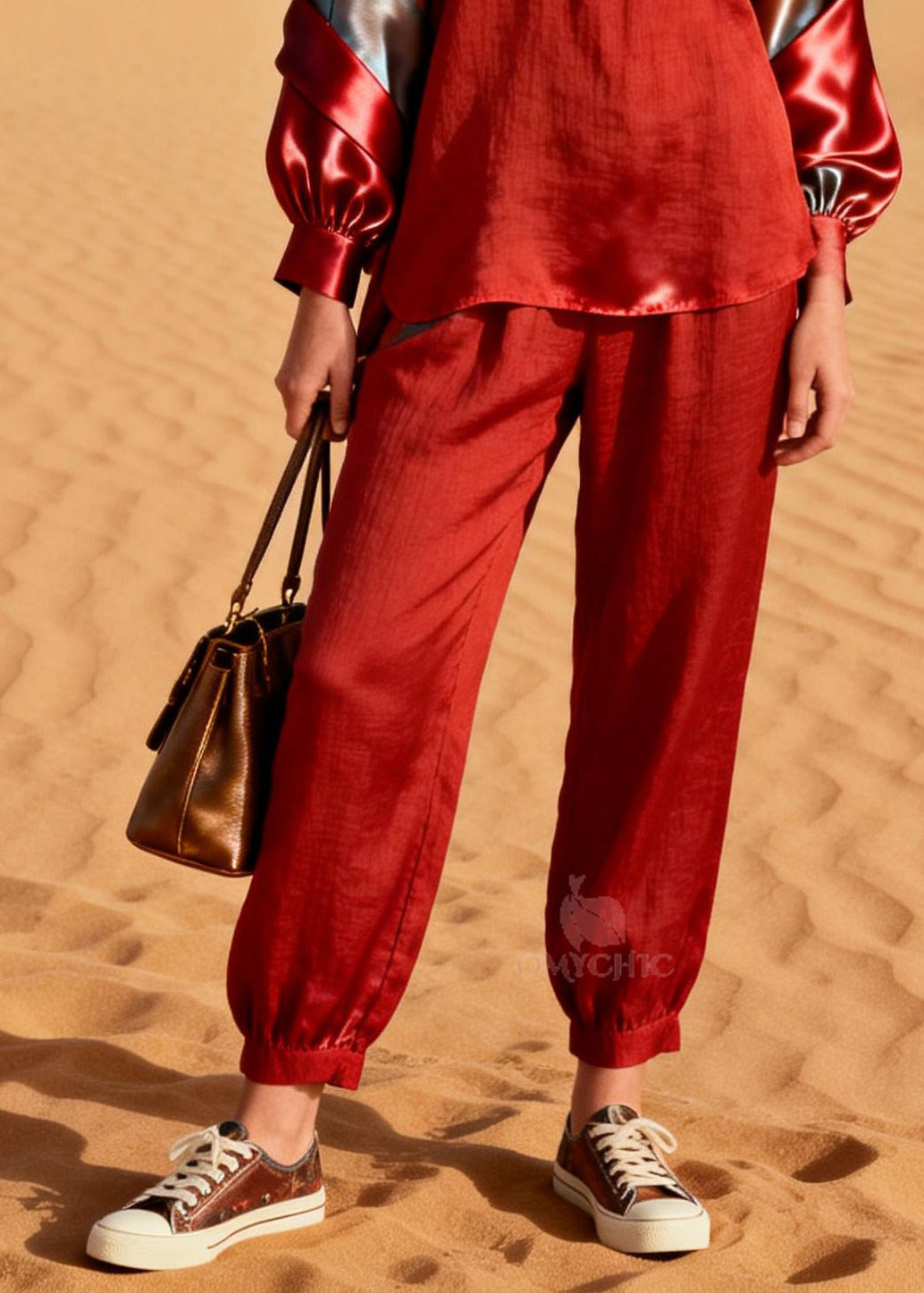 DIY Red Peter Pan Collar Patchwork Silk Linen Two Pieces Set Spring