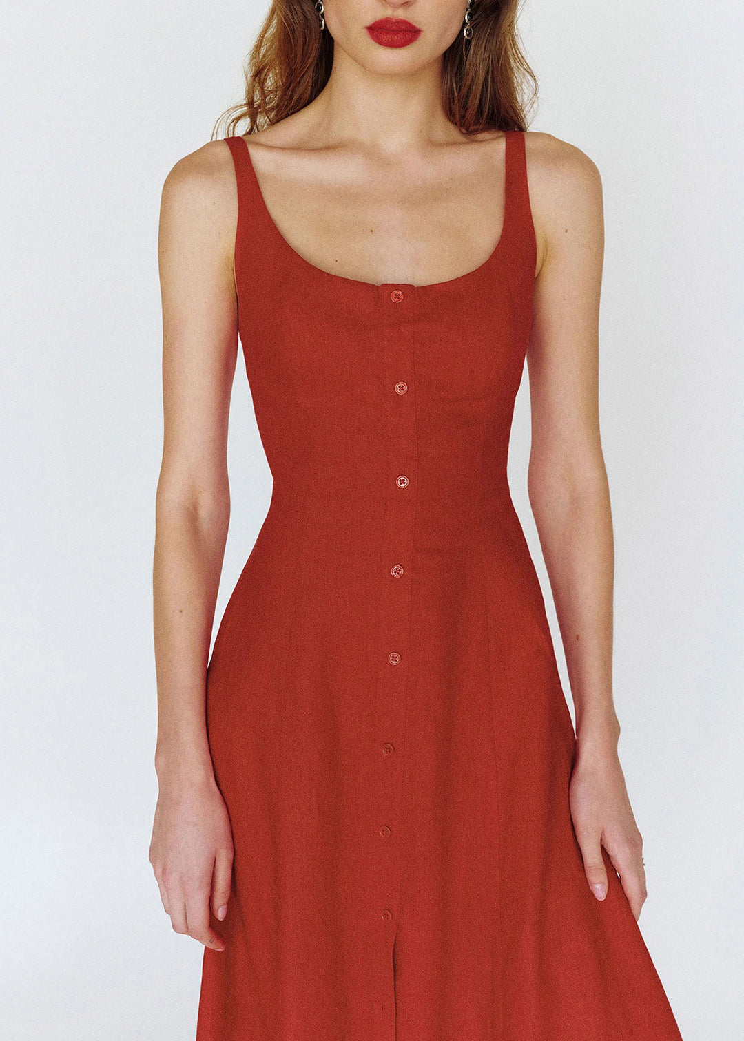 DIY Red Side Open Button Down Cotton Maxi Dress Sleeveless
