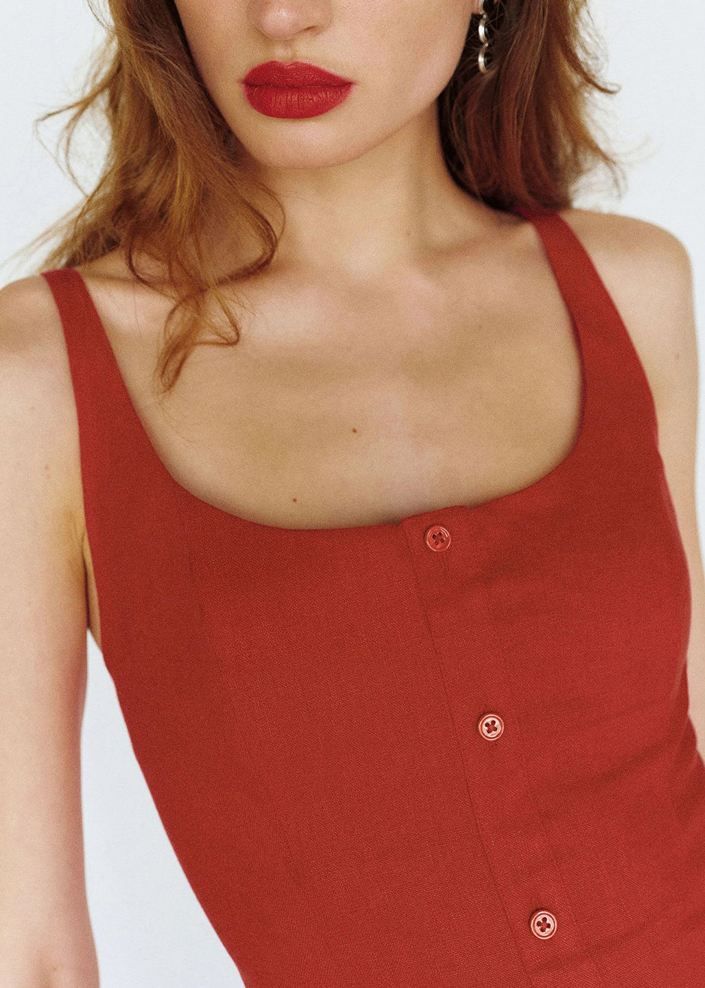 DIY Red Side Open Button Down Cotton Maxi Dress Sleeveless