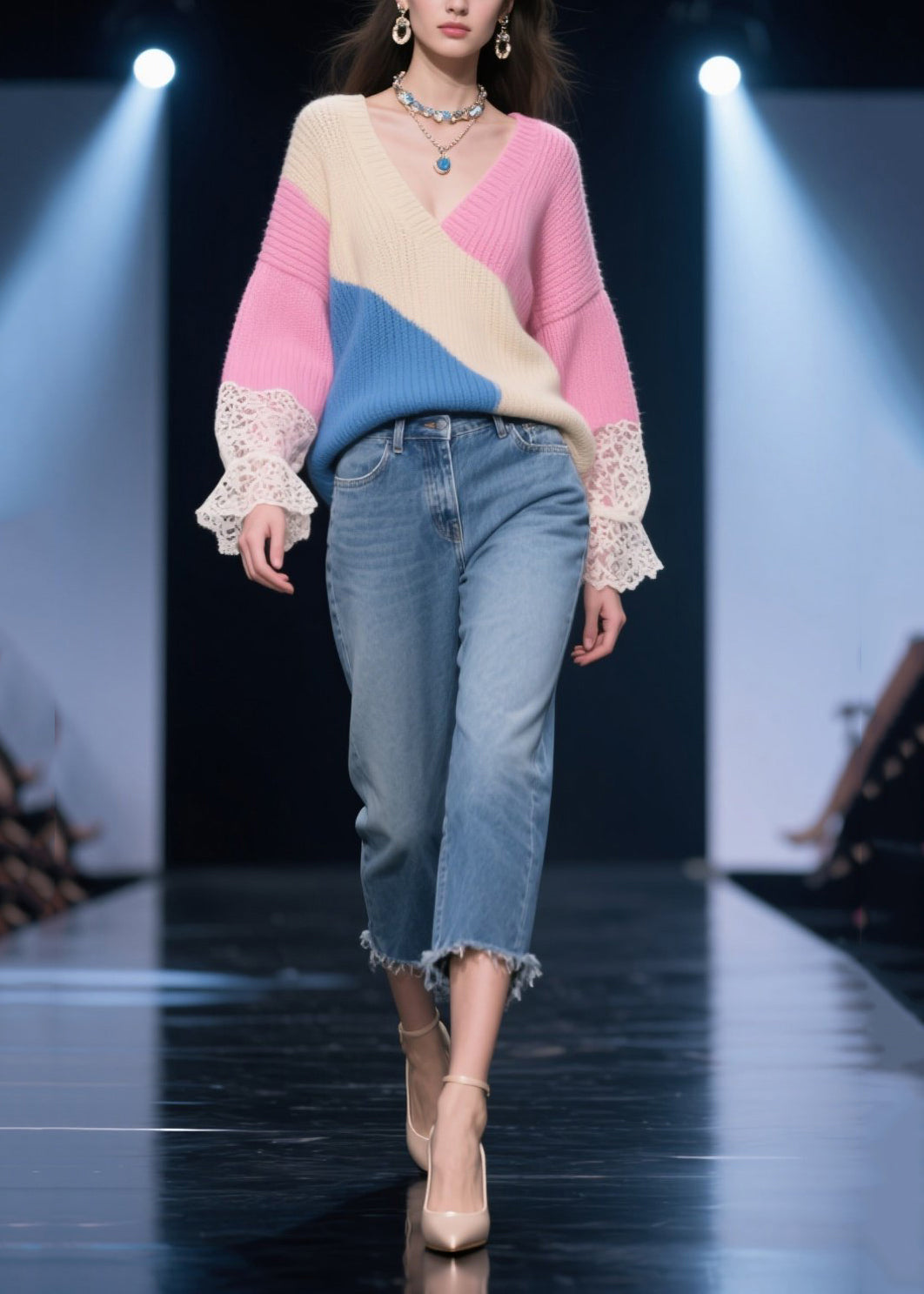DIY Rose Asymmetrical Patchwork Lace Knit Tops Winter
