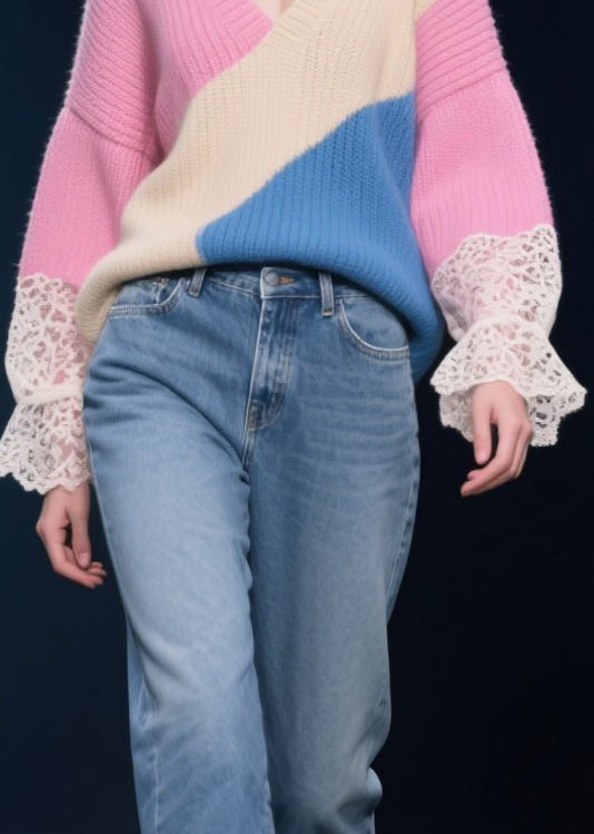 DIY Rose Asymmetrical Patchwork Lace Knit Tops Winter