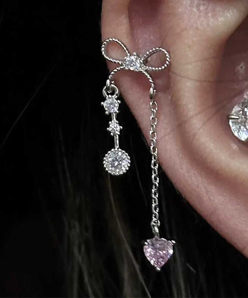 DIY Silk Copper Zircon Love Bow Tassel Single Drop Earrings