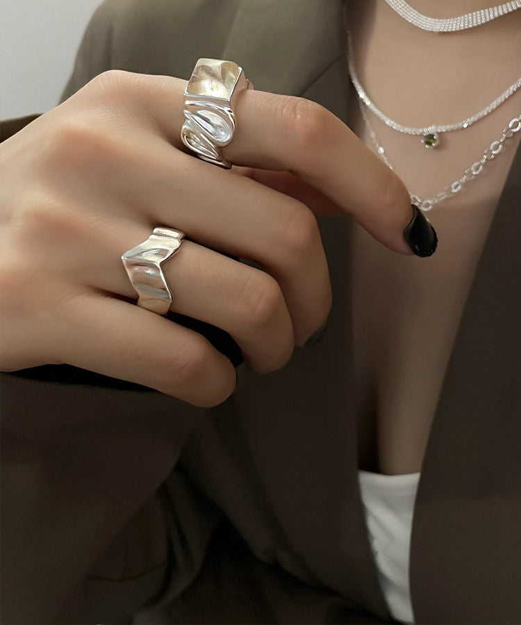 DIY Silk Sterling Silver Sugar Wrinkled Rings Two-Piece Set