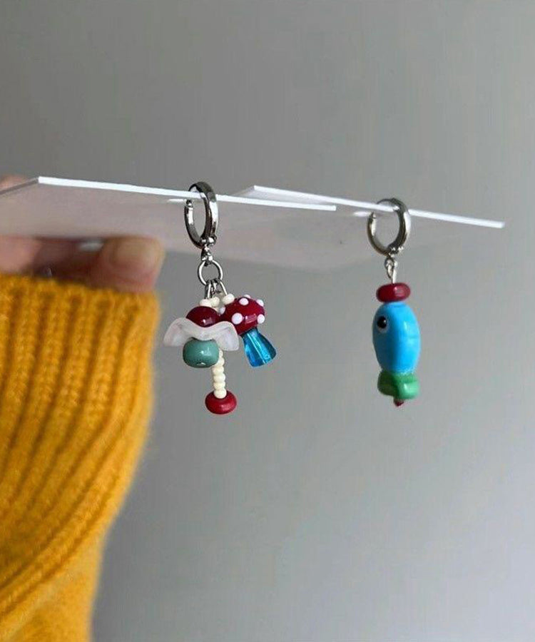 DIY Stainless Steel Asymmetrical Little Fish And Mushroom Drop Earrings