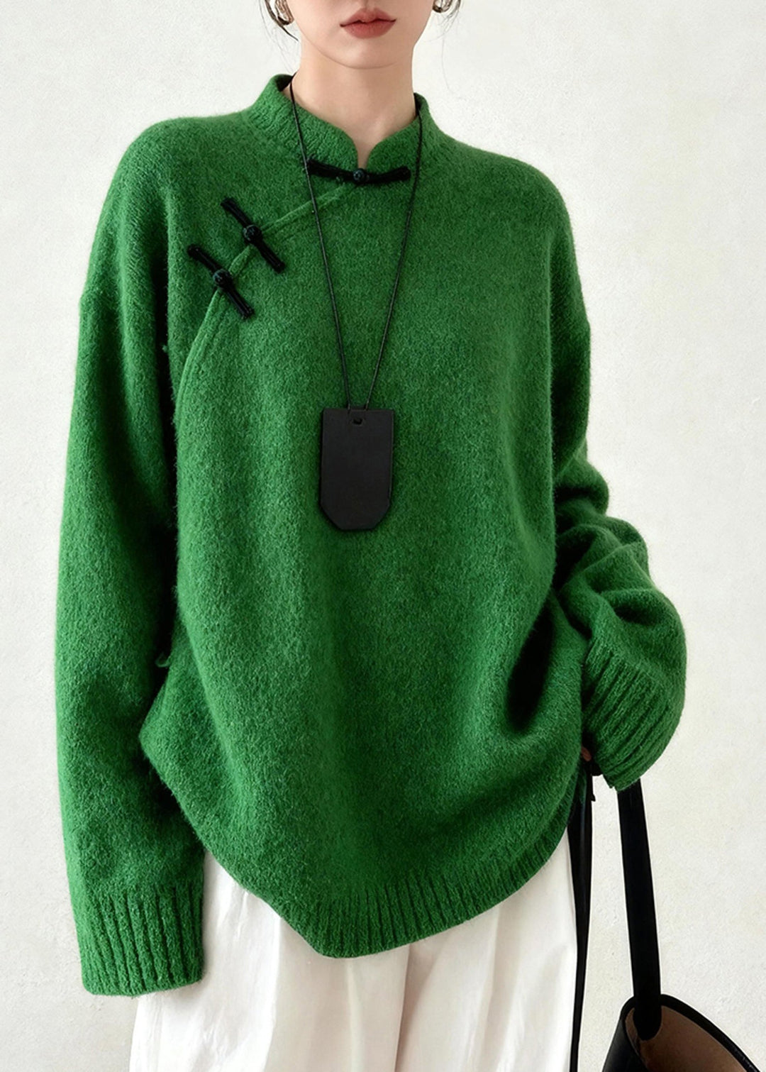 DIY Tea Green Mandarin Collar Chinese Button Knit Sweater Tops Winter