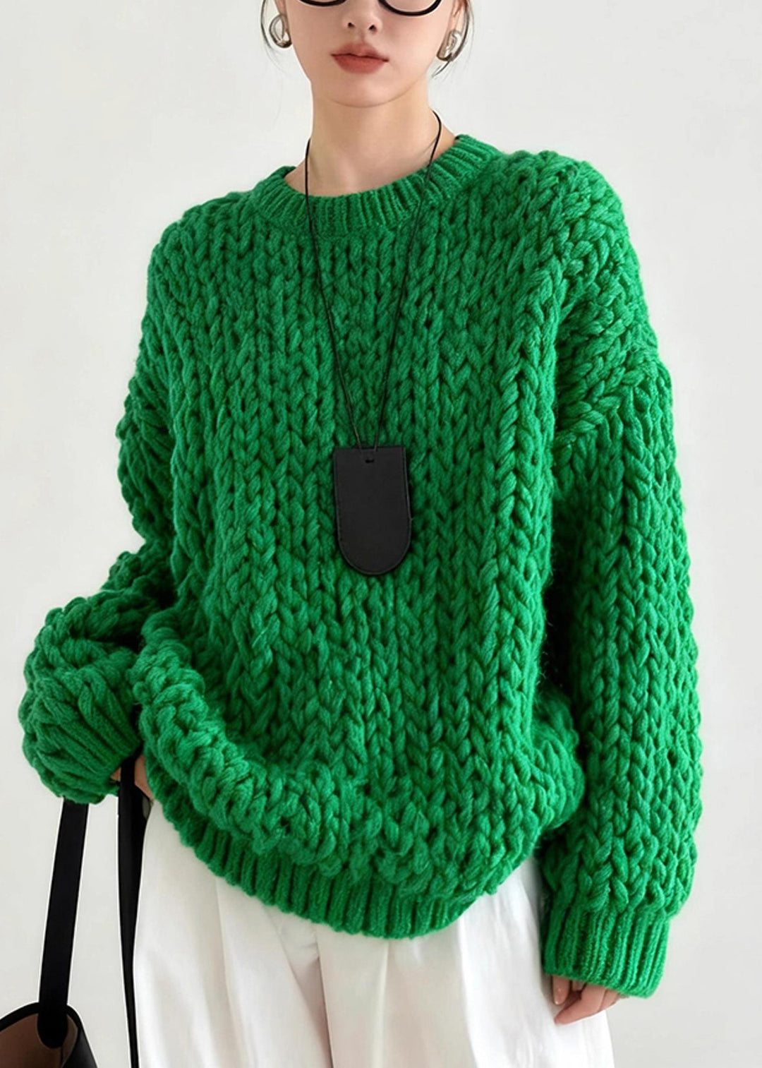 DIY Tea Green Oversized Cable Knit Sweater Tops Winter